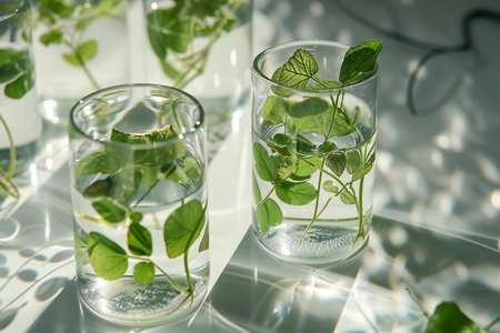 Transparent glass with plant in the laboratory. Green plants in laboratory.の素材