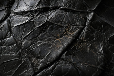 Black leather texture close up. Leather background for design with copy space.の素材
