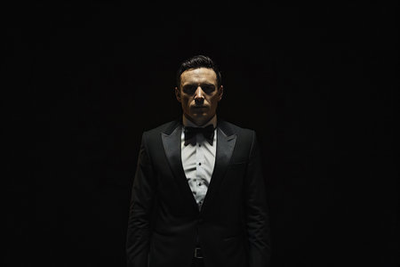 Portrait of a man in a tuxedo on a black backgroundの素材