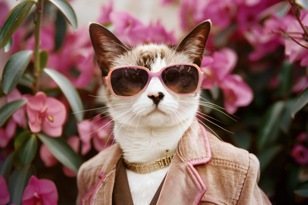 Portrait of a white cat wearing sunglasses and a jacket on a background of pink flowersの素材