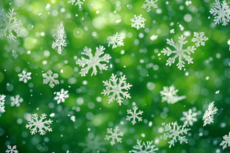 Snowflakes on green background. Christmas and New Year concept.の素材