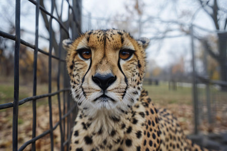Close up of cheetah looking through a fence in a zooの素材