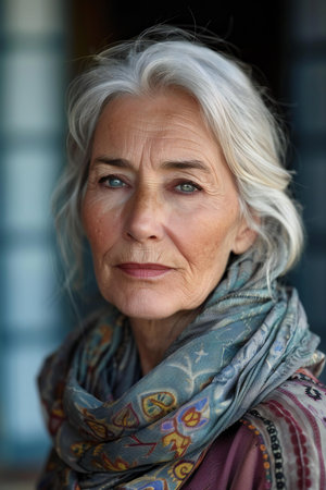 Portrait of a beautiful senior woman with grey hair and scarf.の素材