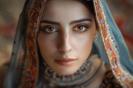 Close-up portrait of a beautiful young woman in a headscarfの素材