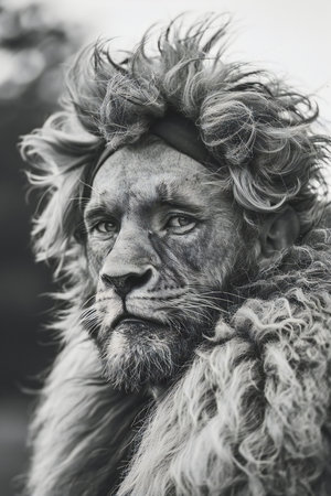 Portrait of a man with a lion head. Black and white.の素材