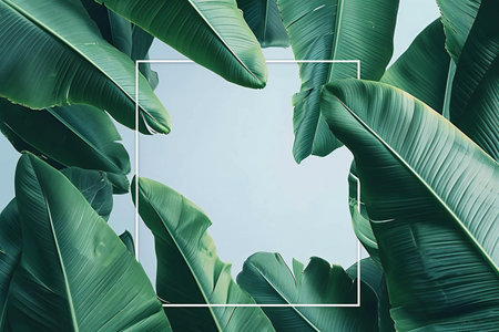 Banana leaves frame on blue sky background. Minimal nature concept.の素材