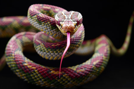 Close-up of a snake on a black background with copy spaceの素材