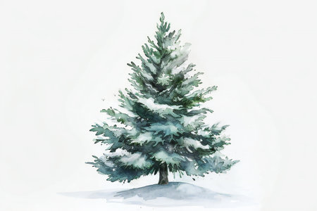 Watercolor illustration of a Christmas tree in the snow on a white backgroundの素材