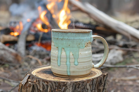 Coffee mug on a wooden stump on a background of fireの素材