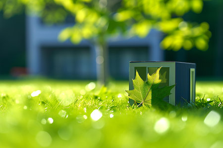 book and maple leaf on green grass with bokeh background.の素材