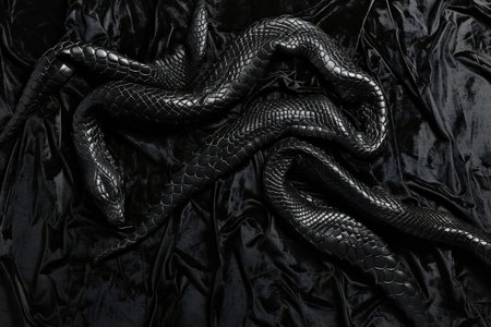Black snake on black fabric background. Close up. Top view.の素材