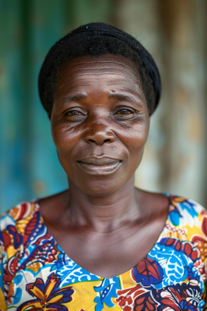 Unidentified Togolese woman in colored shirt smiles at the Lome central market. Togo people suffer of poverty due to the bad economyの素材