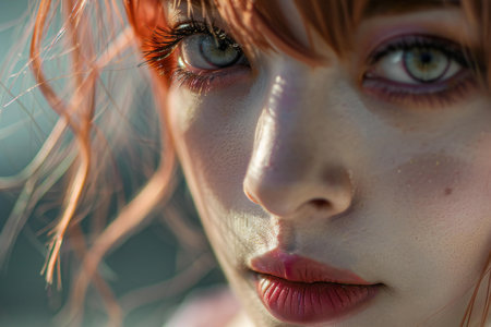 Close up portrait of a beautiful redhead girl with frecklesの素材