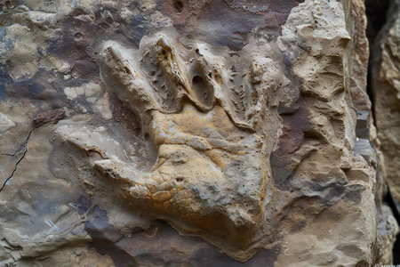 Fossil of a human hand on a rock. Natural background.の素材