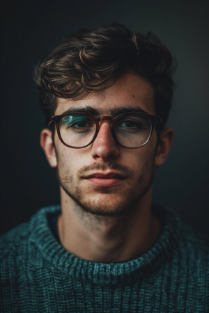 Portrait of a handsome young man with glasses on a dark backgroundの素材