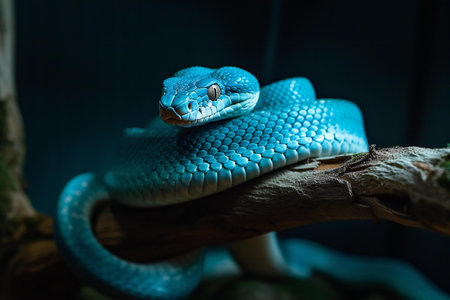 Close-up of a blue snake on a branch in a zooの素材