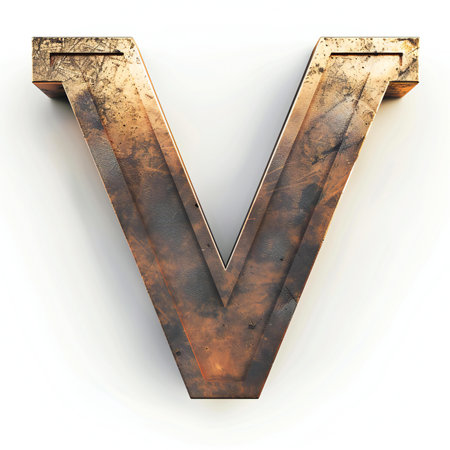 letter v rusty metal on a white background.の素材