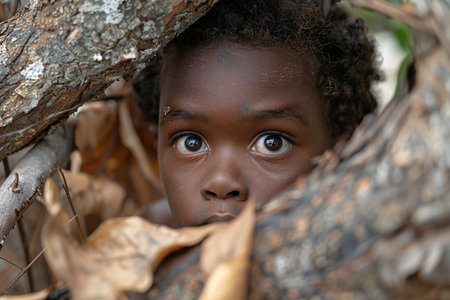 Portrait of a cute african little boy hiding behind a treeの素材