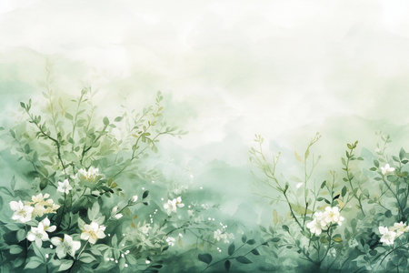 Watercolor floral background with green leaves and jasmine flowers.の素材