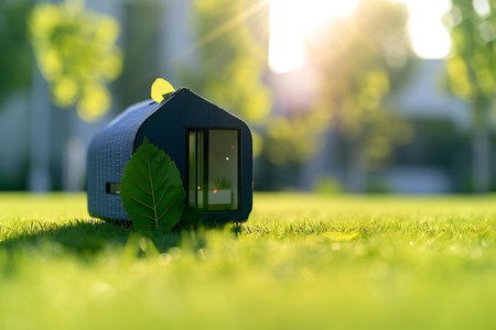 Green energy saving concept. Smart home with solar panel on grass.の素材