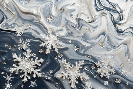 blue and white marbling patternle liquid texture with snowflakesの素材