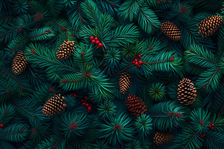 Christmas background with fir branches and pine cones. Flat lay, top view.の素材