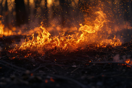 The fire in the forest. Burning dry grass in the forest.の素材