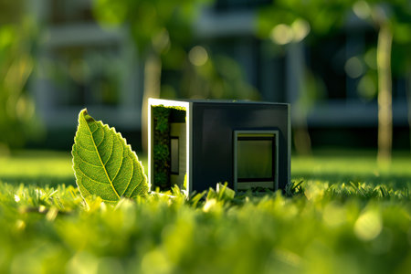 Green energy concept. Energy saving plug and green leaf on the grassの素材