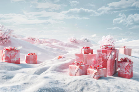 Winter landscape with pink gift boxes and snowdrifts. Christmas background.の素材