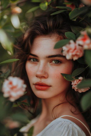 Portrait of a beautiful young woman in a blooming garden.の素材