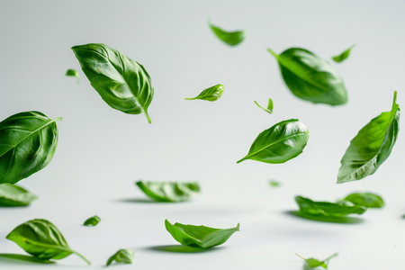 Fresh green basil leaves flying in the air on a white background.の素材