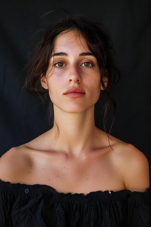 Portrait of a beautiful young brunette woman on a black backgroundの素材