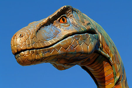Komodo dragon head on blue sky background, closeup of photoの素材