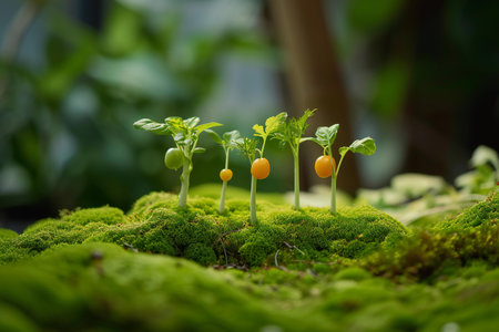 Small seedlings growing on green moss in the forest. Ecology conceptの素材