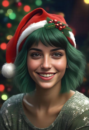 Portrait of a beautiful girl in a Santa Claus hat on the background of a Christmas treeの素材