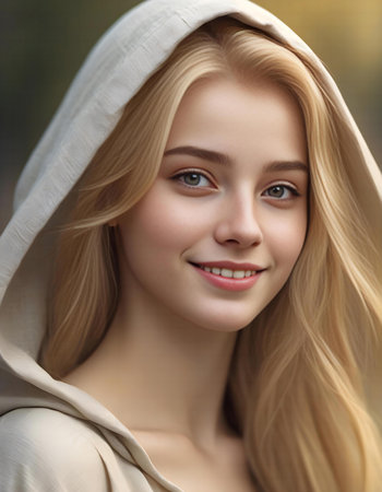 Portrait of a beautiful young blonde woman with long hair in a white hoodの素材