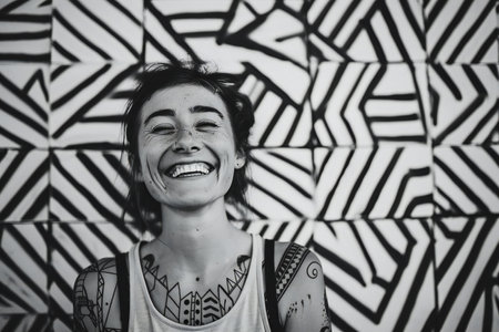 Portrait of a beautiful girl in a T-shirt on a background of a painted wallの素材