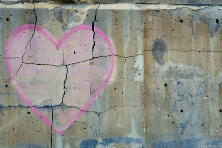 Pink heart painted on the old wall. Grunge background.の素材
