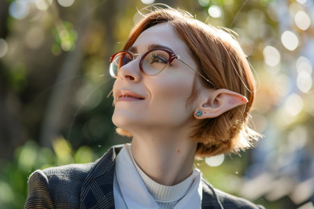 Portrait of a beautiful young woman with short red hair and glasses.の素材