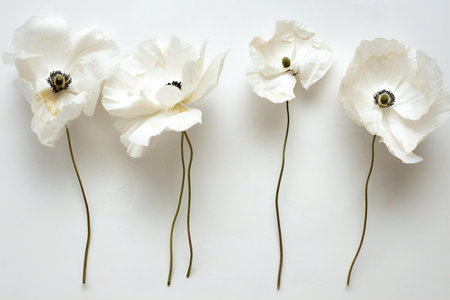 White poppies isolated on white background. Flat lay, top view.の素材