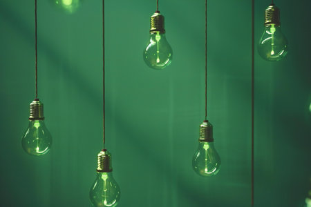 Vintage light bulb hanging on a green wall with copy space.の素材