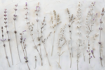 Dried lavender flowers on white background. Flat lay, top view.の素材