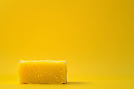 A piece of cheese on a yellow background with space for text.の素材