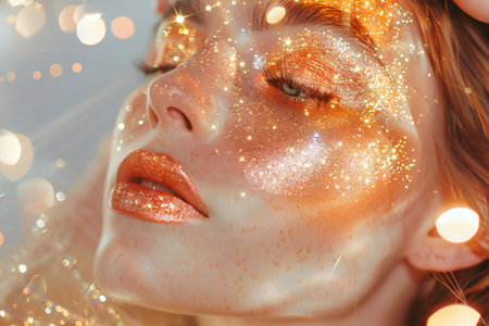 Beauty portrait of young woman with golden makeup and sparkles.の素材
