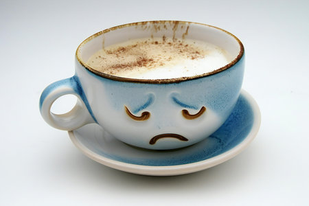 Coffee cup with a sad face on a white background.の素材