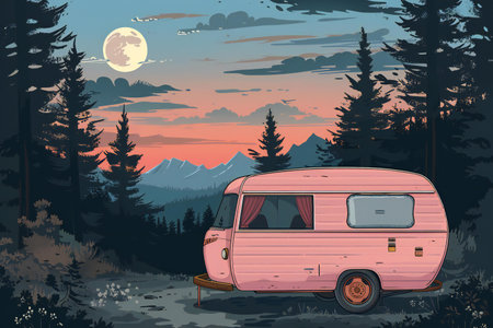 Vector illustration of a camper van in the mountains at sunset.の素材