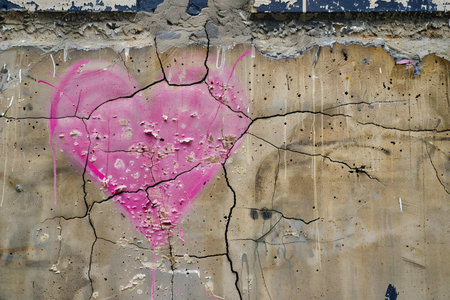Grunge cracked concrete wall with pink heart. Abstract background.の素材