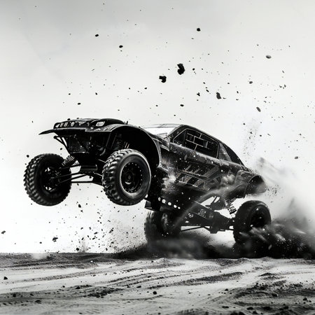 Racing off-road car in the mud, monochromeの素材