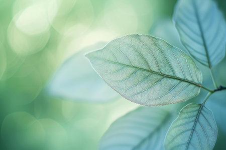 Close up of green leaf on blurred greenery background with bokehの素材