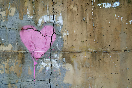 Grunge concrete wall with a pink heart painted on it.の素材